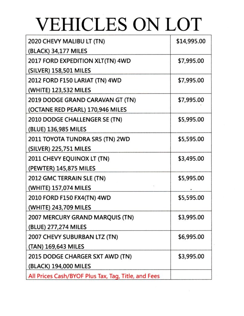 Our Lot Inventory 9/5/2026
